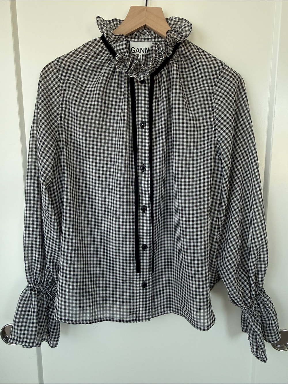 GANNI Sheer Fluid Check Tie String Shirt